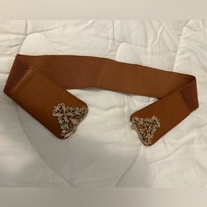 Brown stretchy belt with gold embellishments